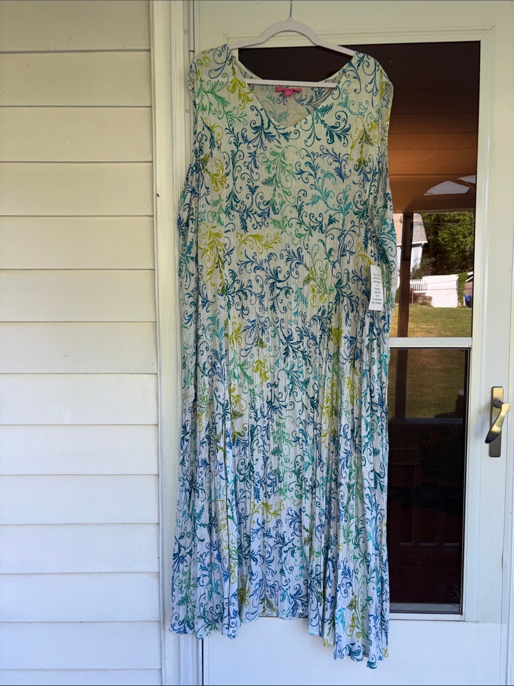 Woman Within Sleeveless Maxi Dress in White with Blue & Green Scrolls